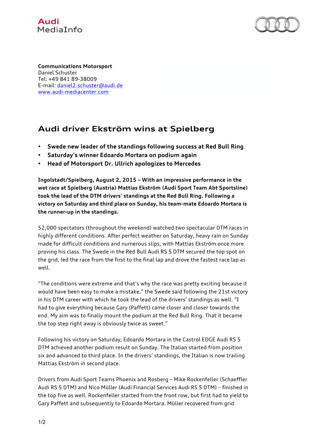 Audi Driver Ekström Wins at Spielberg