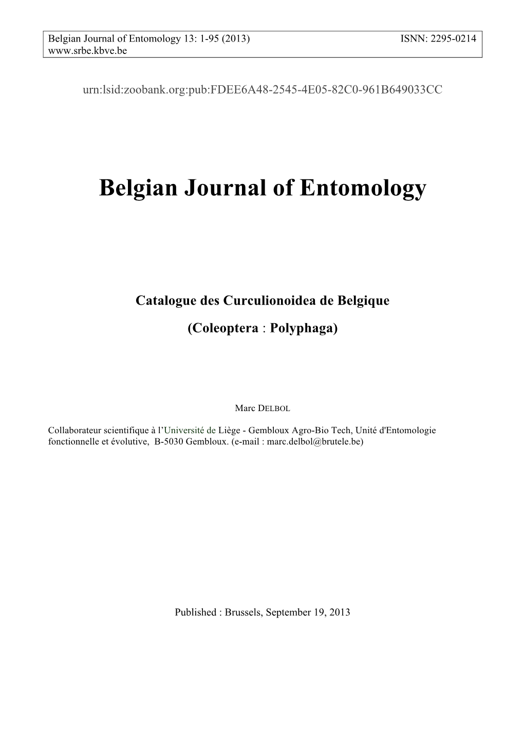 Belgian Journal of Entomology 13: 1-95 (2013) ISNN: 2295-0214