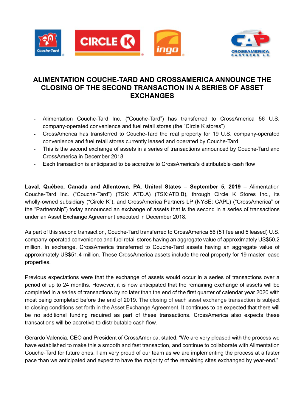 Alimentation Couche-Tard and Crossamerica Announce the Closing of the Second Transaction in a Series of Asset Exchanges
