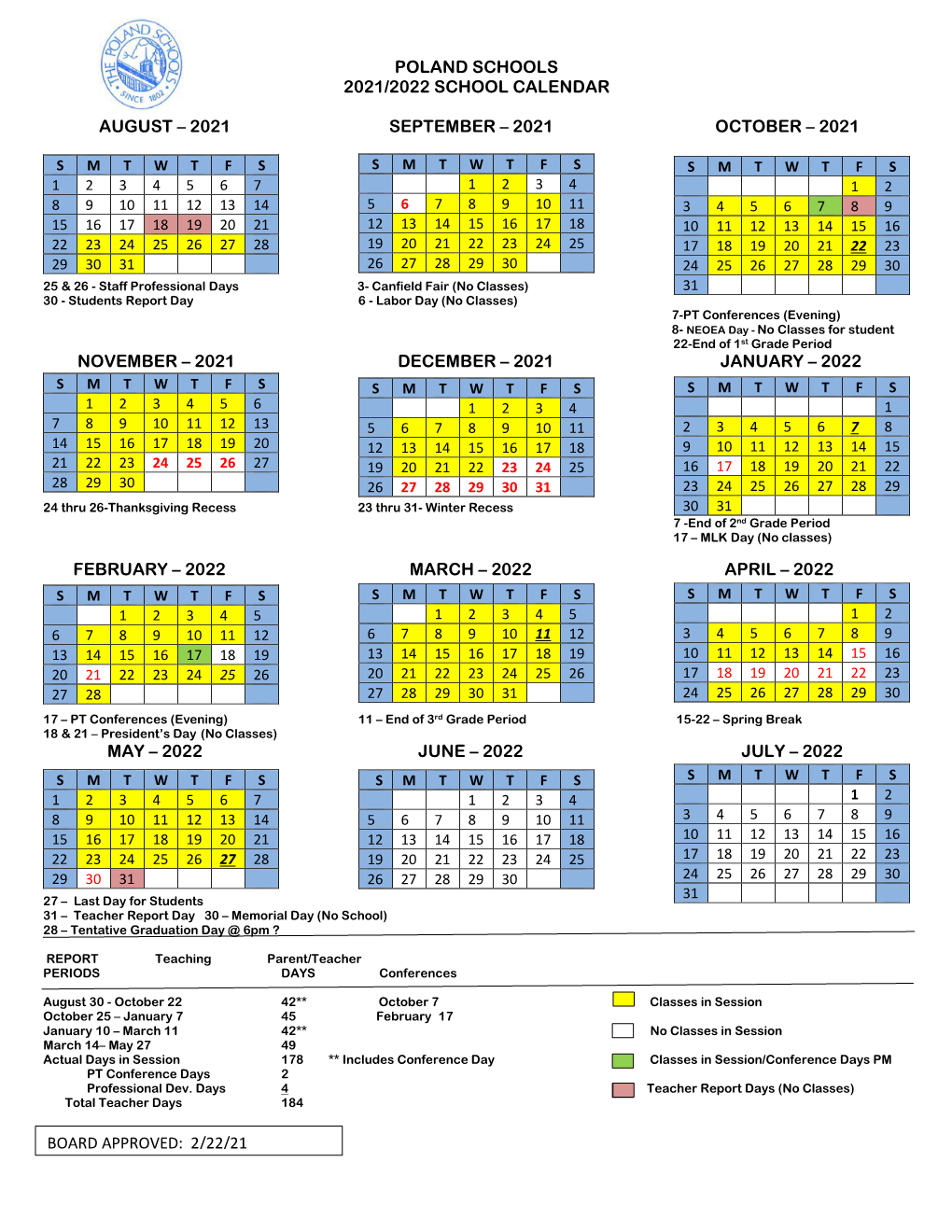 2021-2022 School Calendar