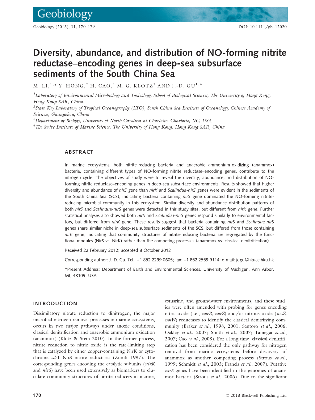 Diversity, Abundance, and Distribution of Noforming Nitrite