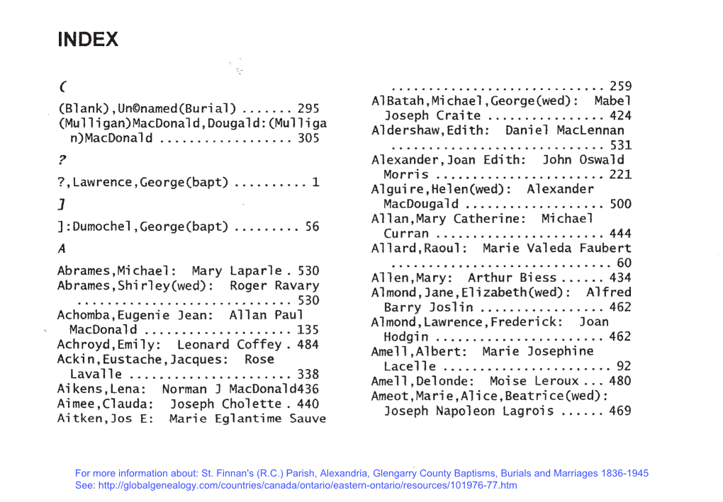 St. Finnan's (RC) Parish, Alexandria, Glengarry County Baptisms, Burials