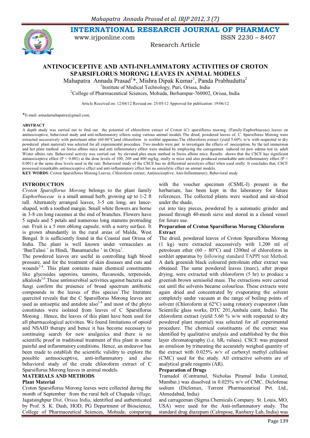 Antinociceptive and Anti-Inflammatory Activities of Croton Sparsiflorus