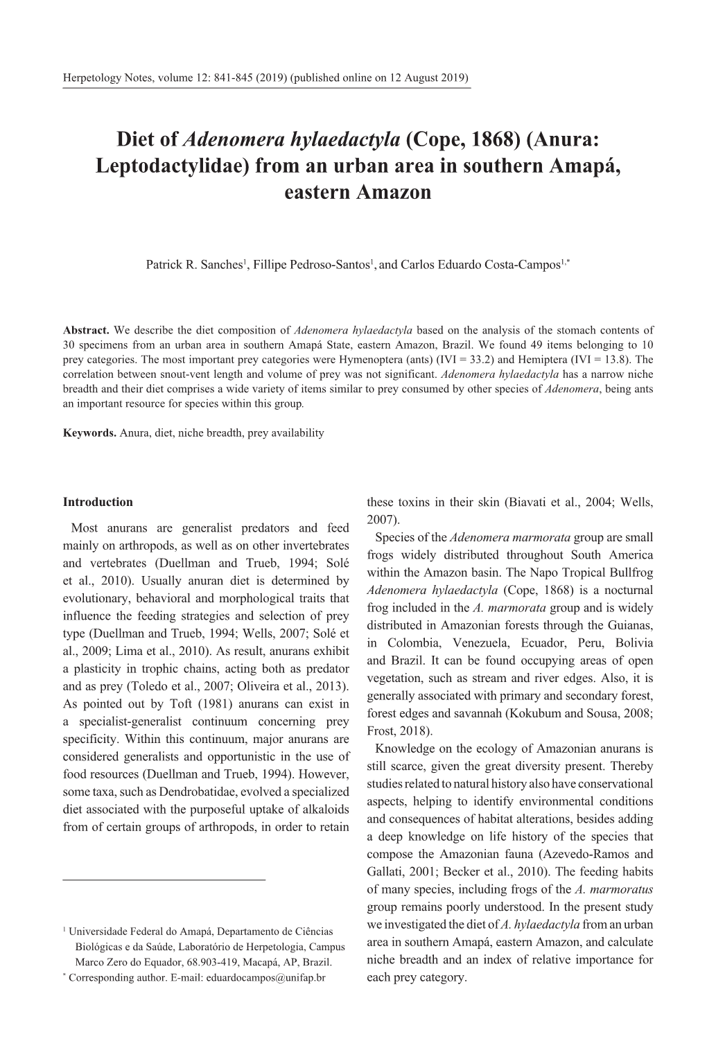 Diet of Adenomera Hylaedactyla (Cope, 1868) (Anura: Leptodactylidae) from an Urban Area in Southern Amapá, Eastern Amazon