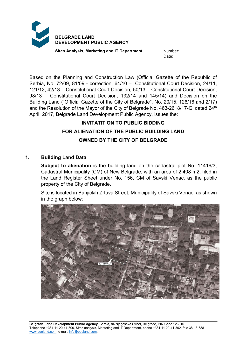 Invitatition to Public Bidding for Alienation of the Public Building Land Owned by the City of Belgrade