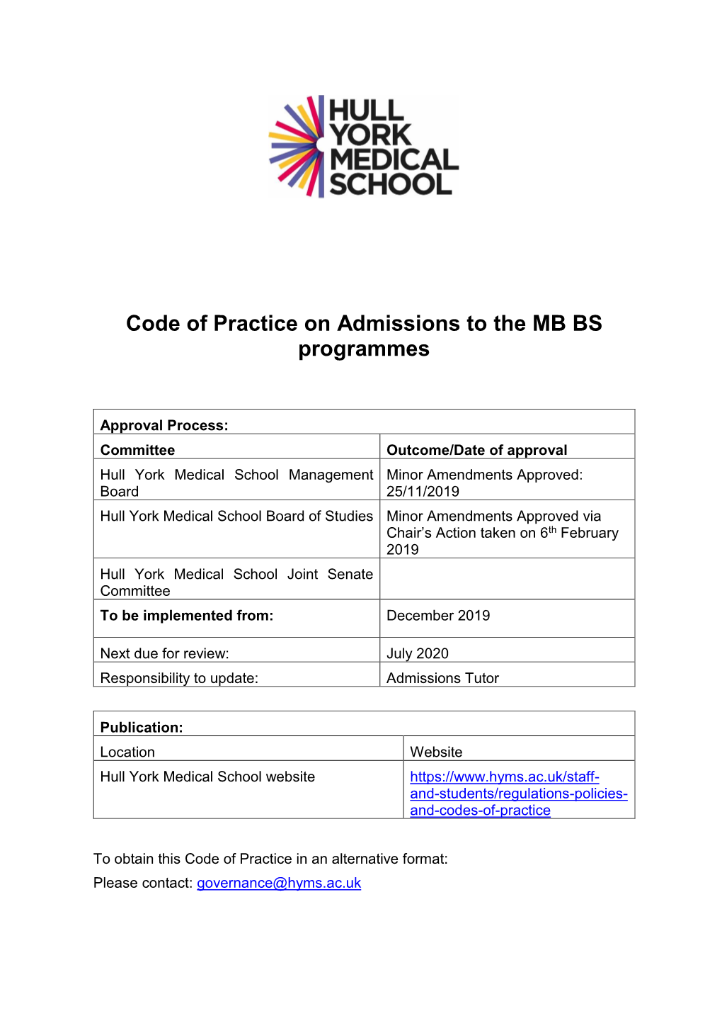 Code of Practice on Admissions to the MB BS Programmes