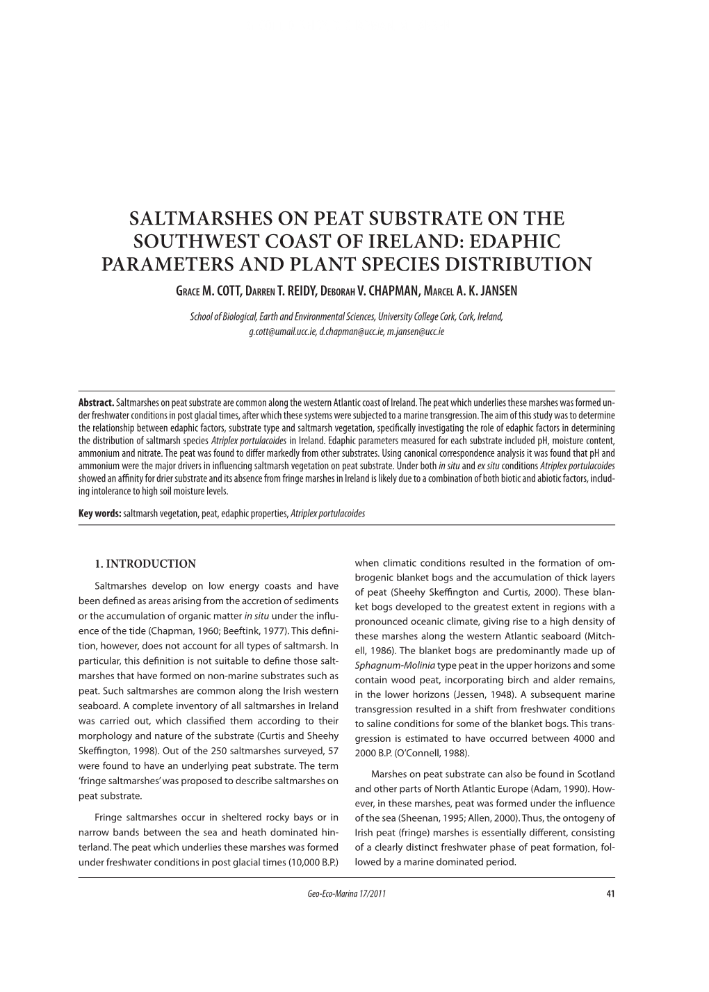 Saltmarshes on Peat Substrate on the Southwest Coast of Ireland: Edaphic Parameters and Plant Species Distribution Grace M