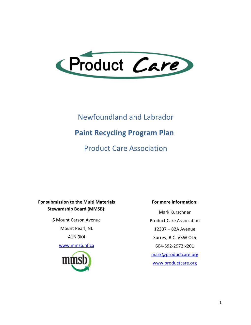 Newfoundland and Labrador Paint Recycling Program Plan Product Care Association