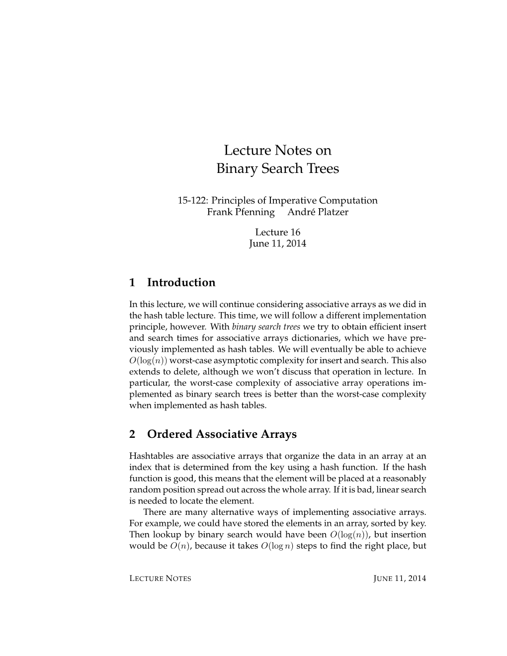 Lecture Notes on Binary Search Trees