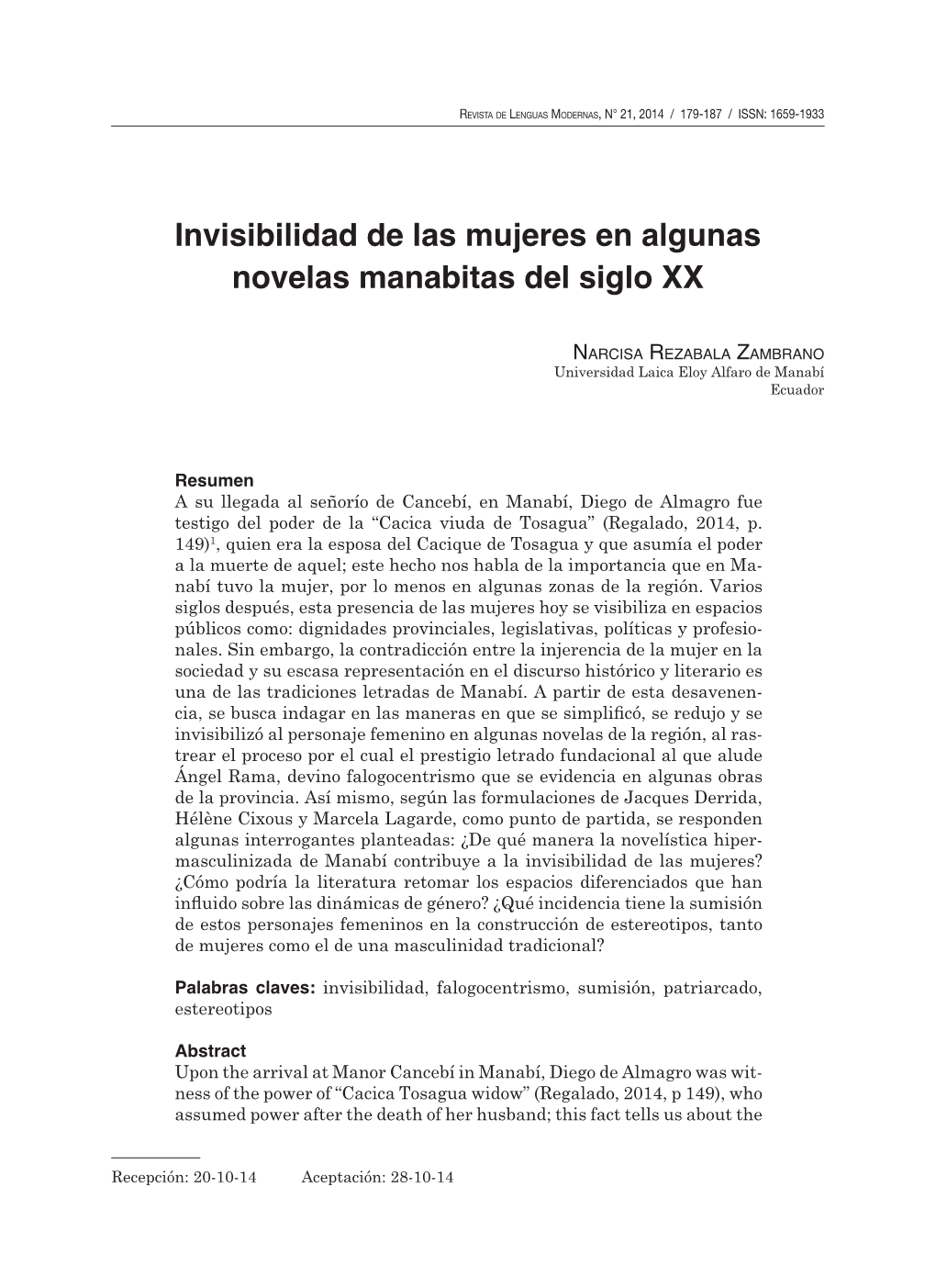 Invisibilidad De Las Mujeres En Algunas Novelas Manabitas Del Siglo XX