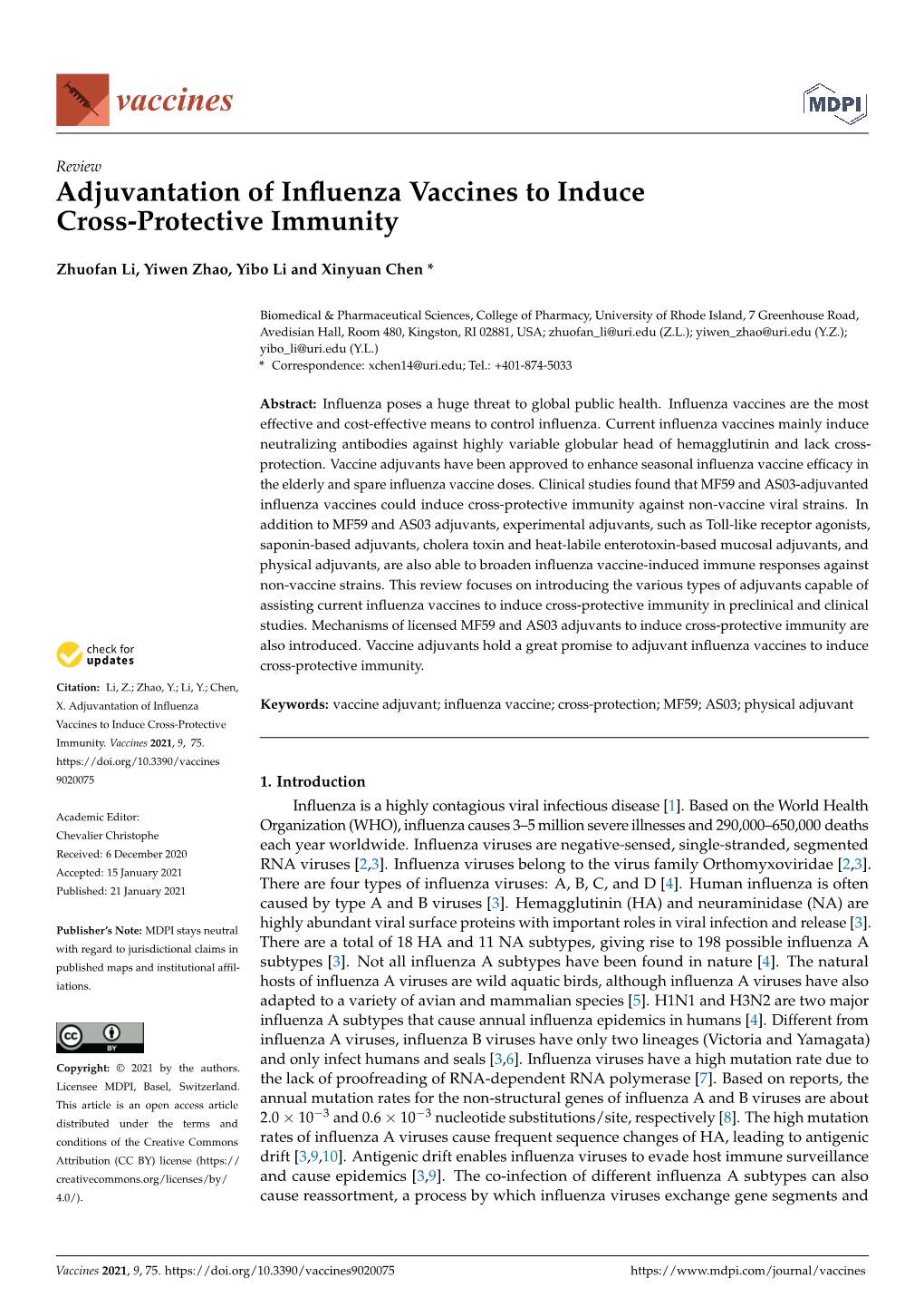 Adjuvantation of Influenza Vaccines to Induce Cross-Protective Immunity