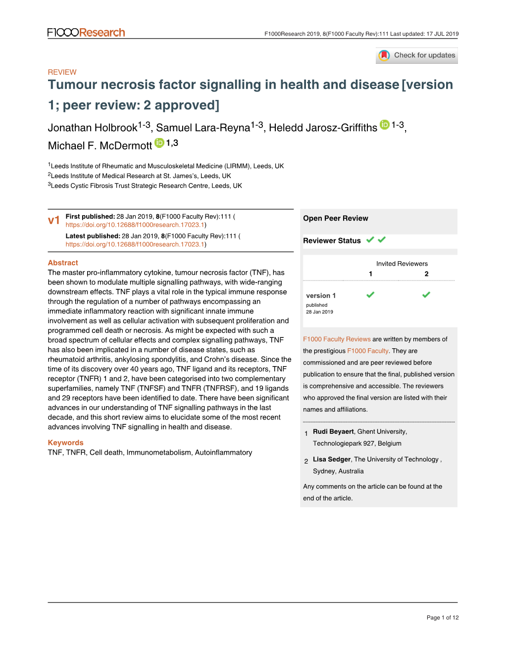 Tumour Necrosis Factor Signalling in Health and Disease[Version 1; Peer