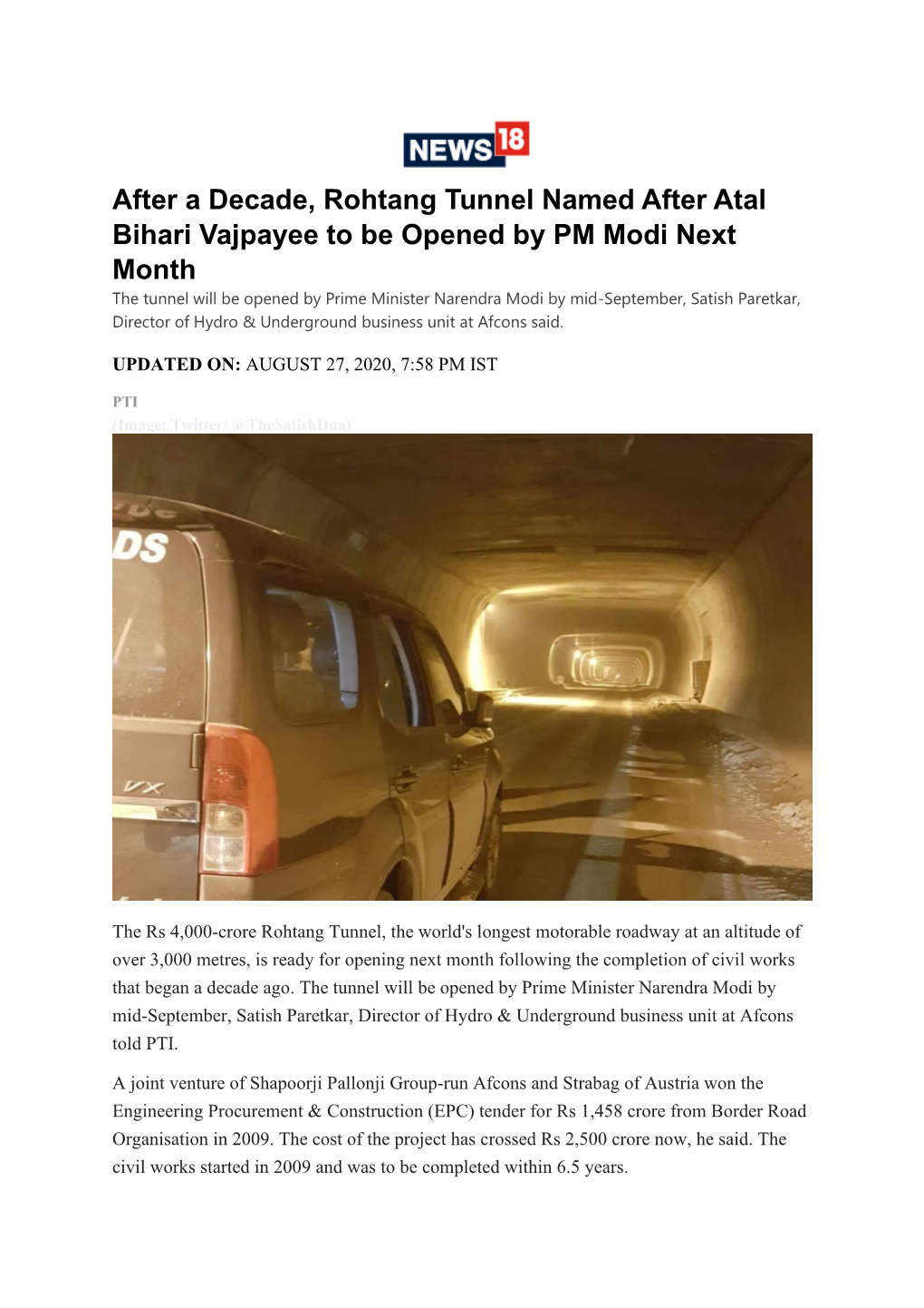 After a Decade, Rohtang Tunnel Named After Atal Bihari Vajpayee to Be Opened by PM Modi Next Month