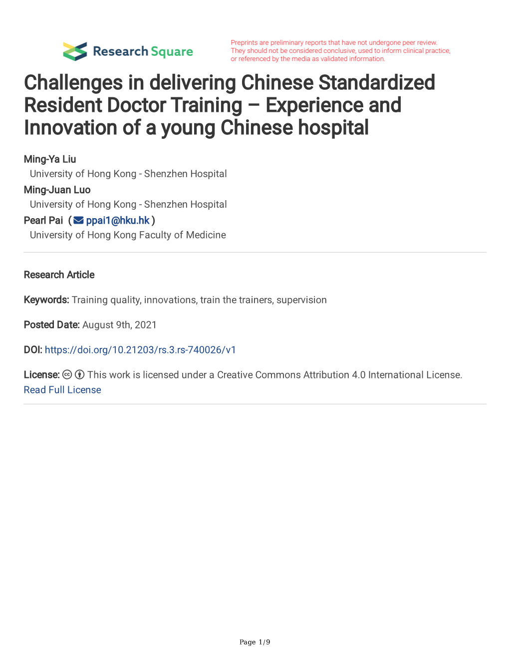 Challenges in Delivering Chinese Standardized Resident Doctor Training – Experience and Innovation of a Young Chinese Hospital