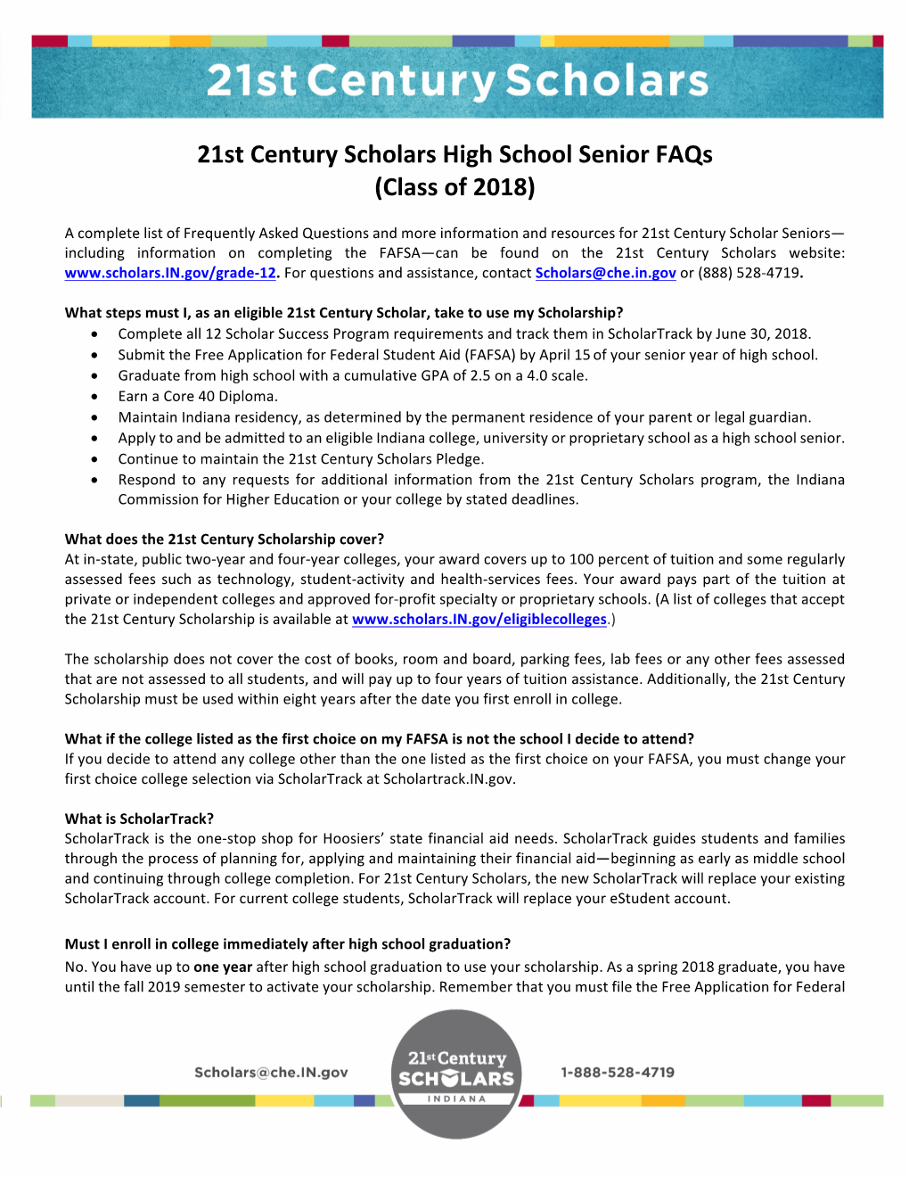 21St Century Scholars High School Senior Faqs (Class of 2018)