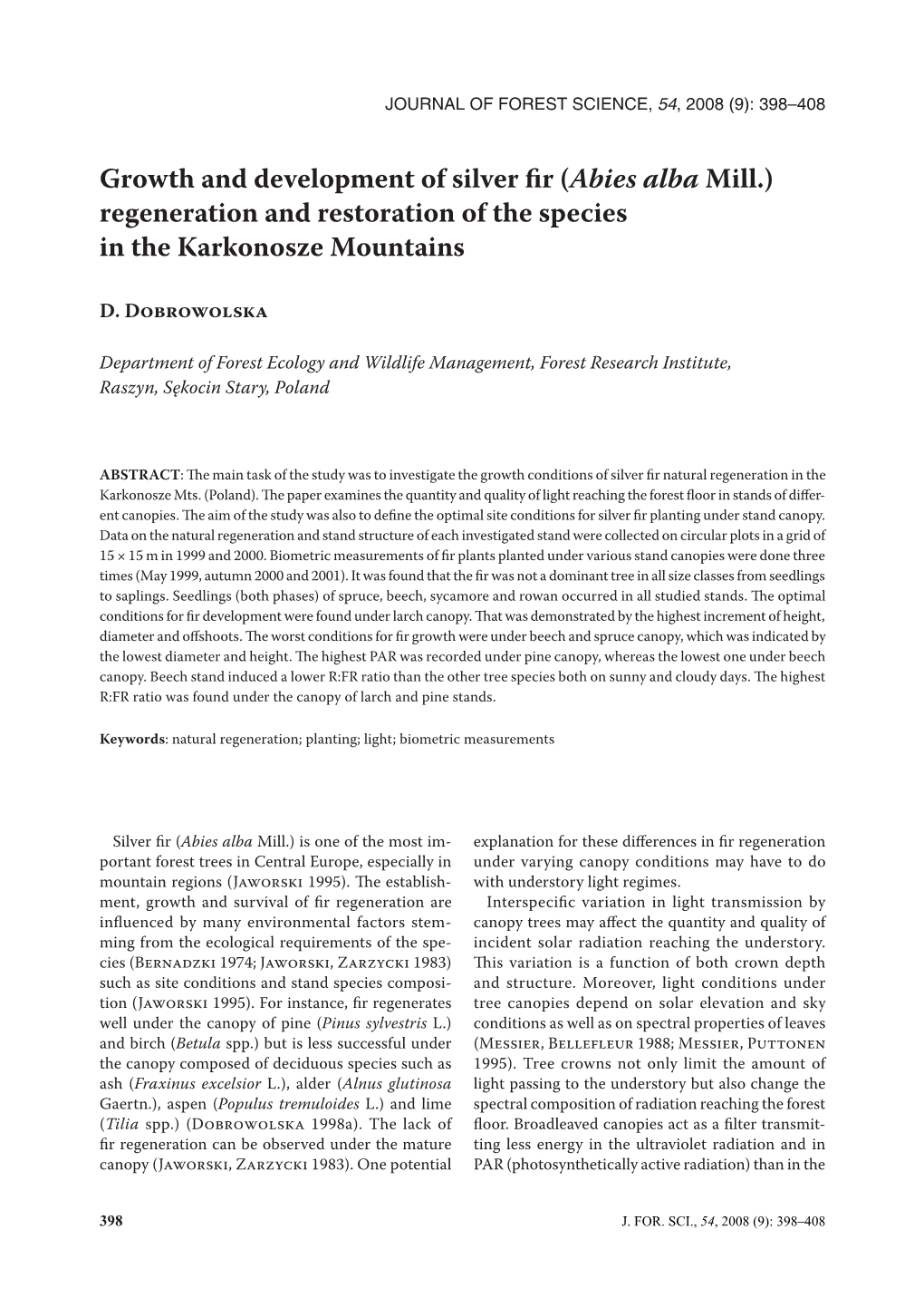 Growth and Development of Silver Fir (Abies Alba Mill.) Regeneration And