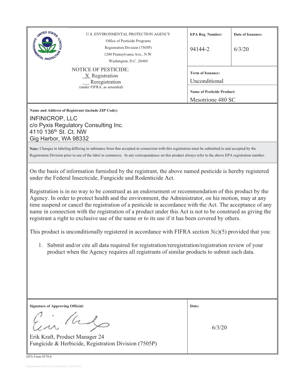 US EPA, Pesticide Product Label, Mesotrione 480SC,06/03/2020