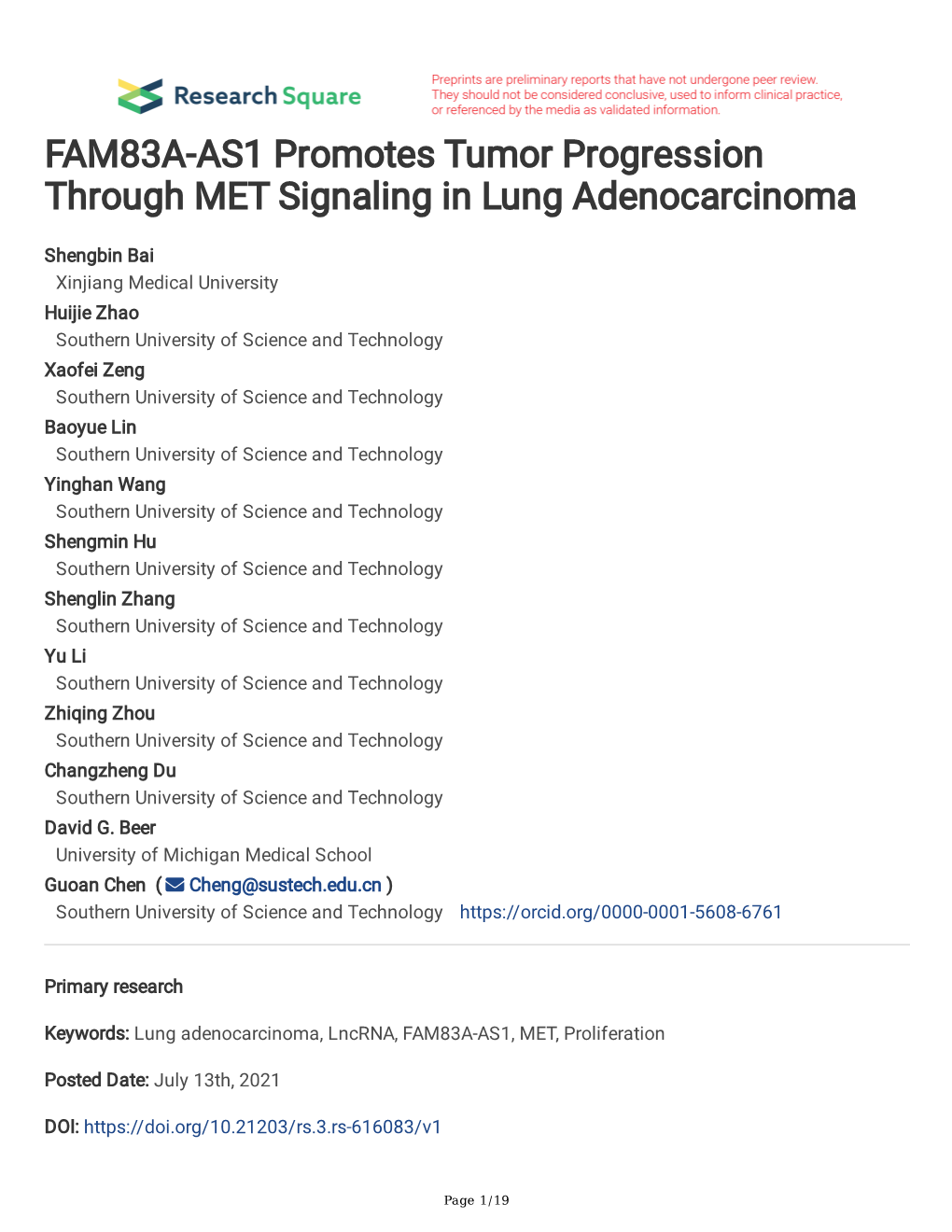 FAM83A-AS1 Promotes Tumor Progression Through MET Signaling in Lung Adenocarcinoma