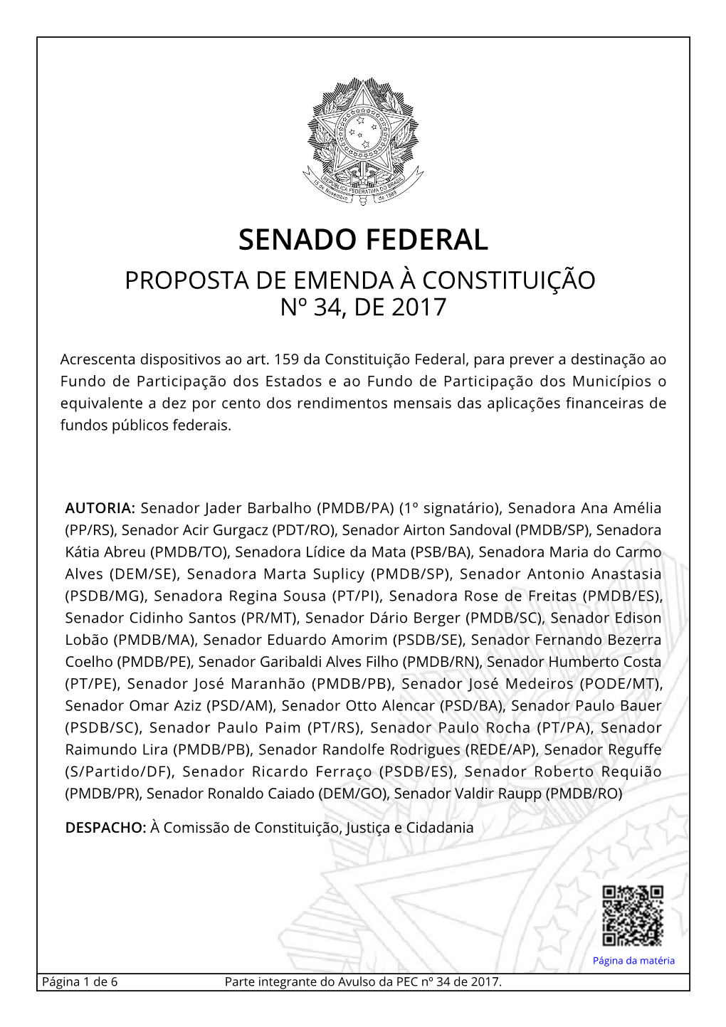 Senado Federal Proposta De Emenda À Constituição Nº 34, De 2017