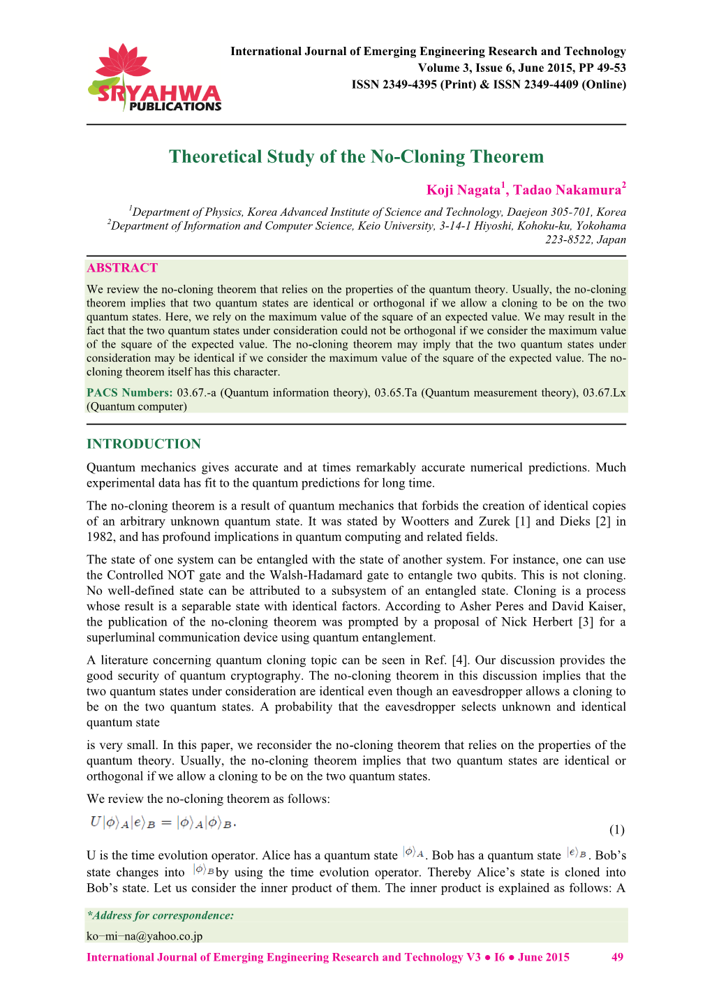 Theoretical Study of the No-Cloning Theorem