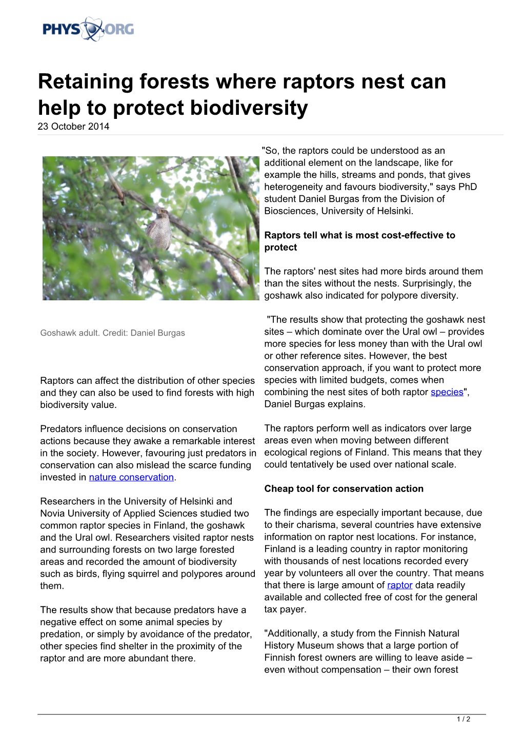 Retaining Forests Where Raptors Nest Can Help to Protect Biodiversity 23 October 2014