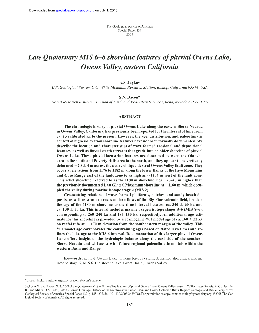 Late Quaternary MIS 6–8 Shoreline Features of Pluvial Owens Lake, Owens Valley, Eastern California