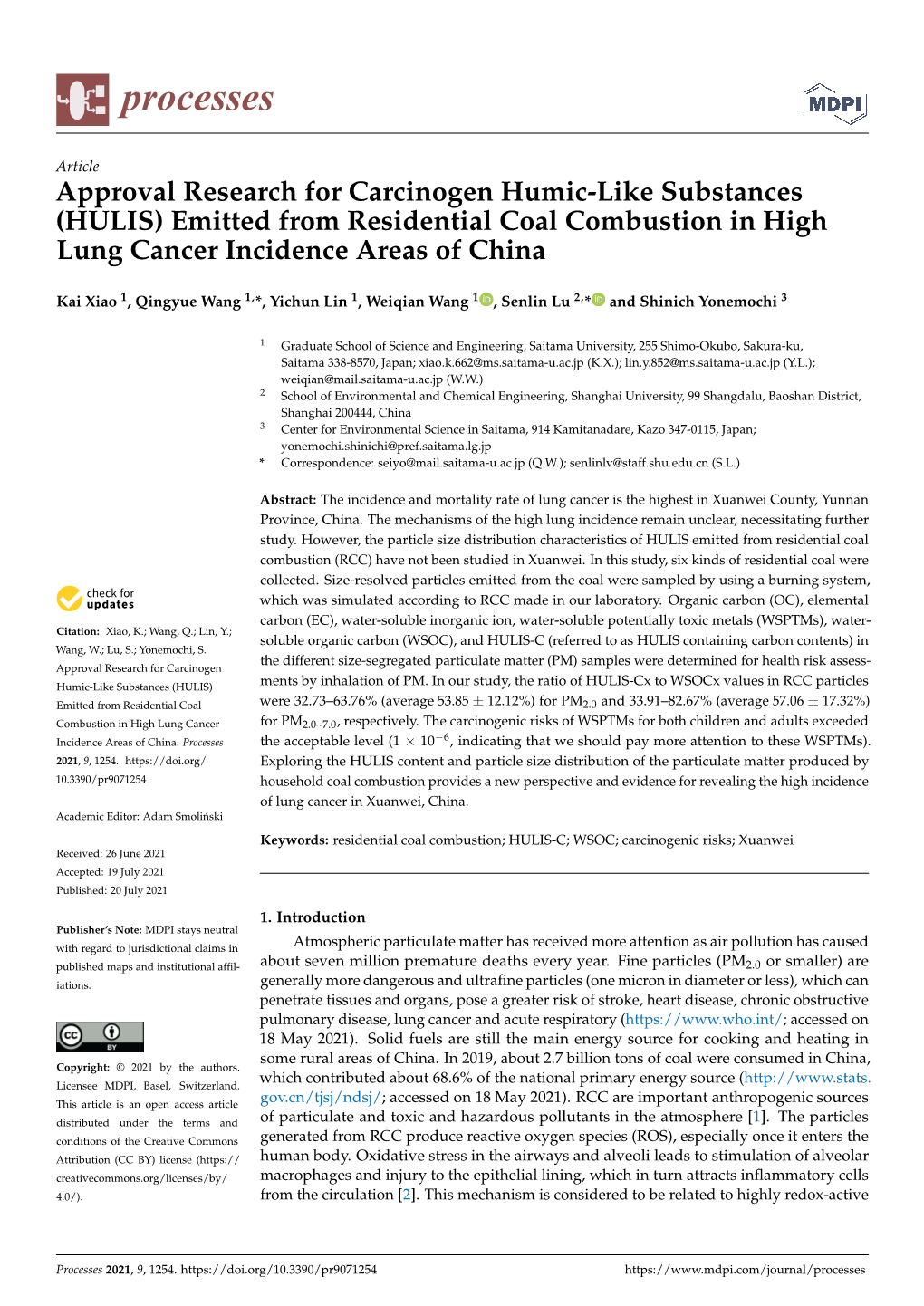 Emitted from Residential Coal Combustion in High Lung Cancer Incidence Areas of China