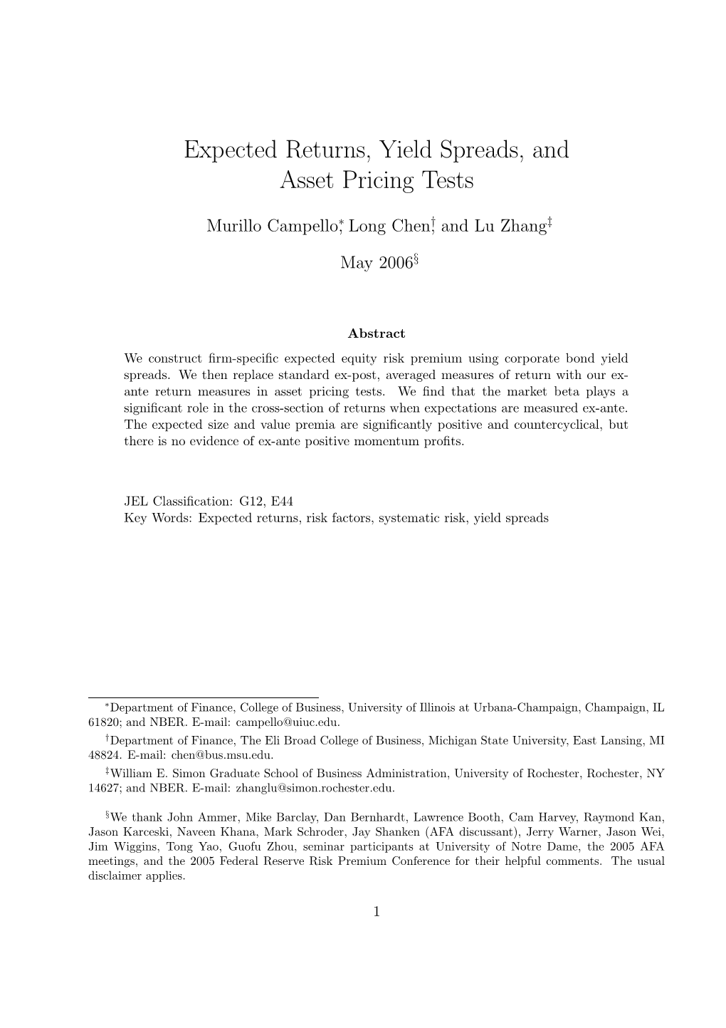 Expected Returns, Yield Spreads, and Asset Pricing Tests