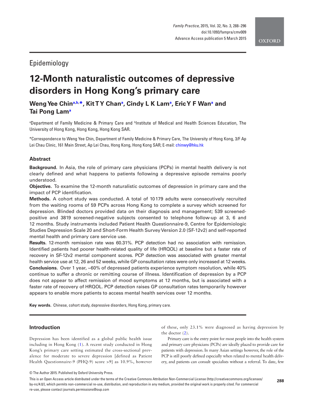 12-Month Naturalistic Outcomes of Depressive Disorders in Hong