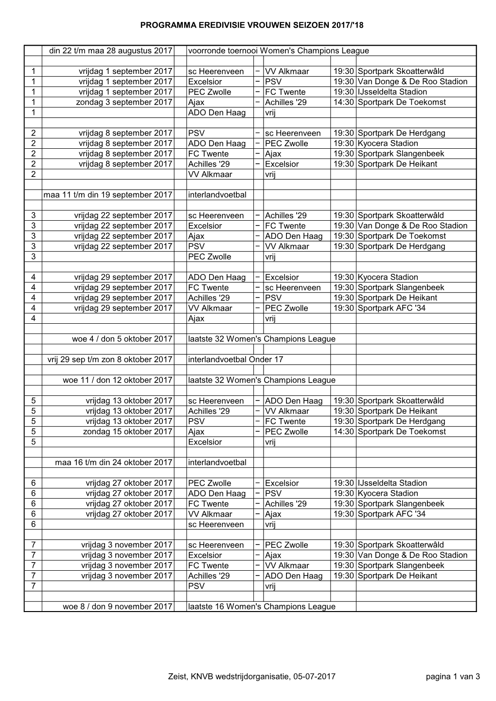 Programma Eredivisie Vrouwen Seizoen 2017/'18