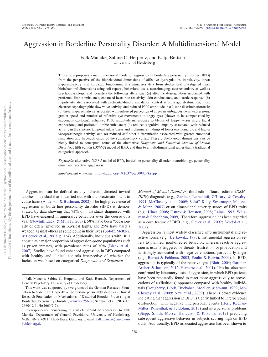 Aggression in Borderline Personality Disorder: a Multidimensional Model