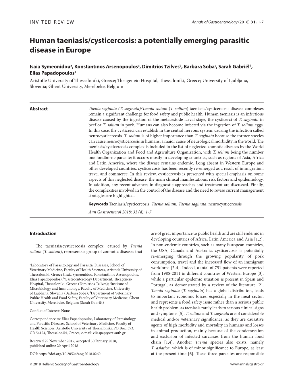 Human Taeniasis/Cysticercosis: a Potentially Emerging Parasitic Disease in Europe