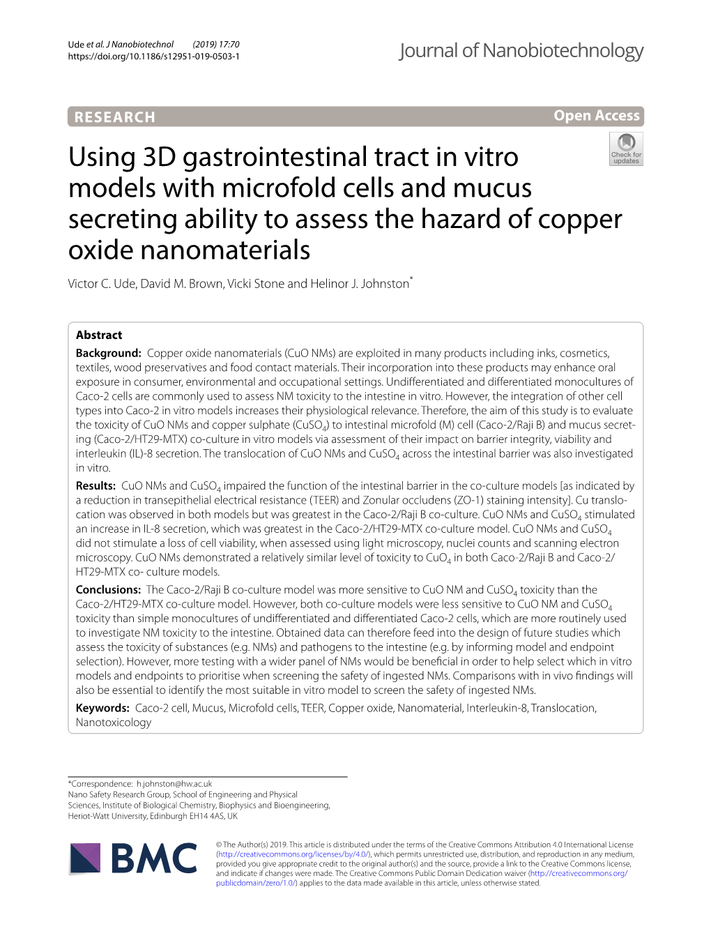 Using 3D Gastrointestinal Tract in Vitro Models with Microfold Cells and Mucus Secreting Ability to Assess the Hazard of Copper Oxide Nanomaterials Victor C