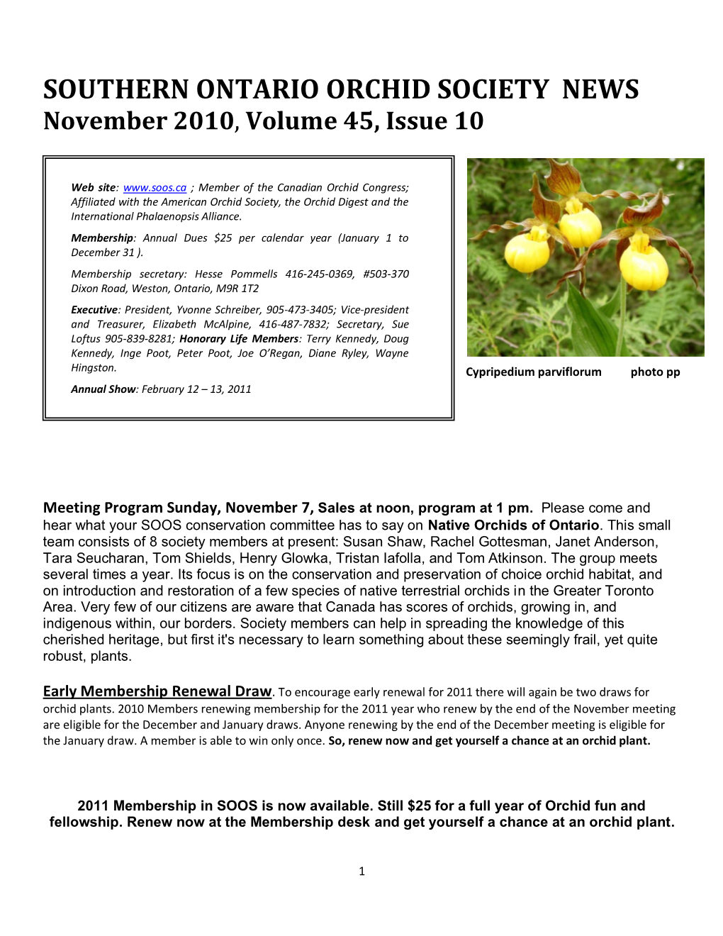 SOUTHERN ONTARIO ORCHID SOCIETY NEWS November 2010, Volume 45, Issue 10