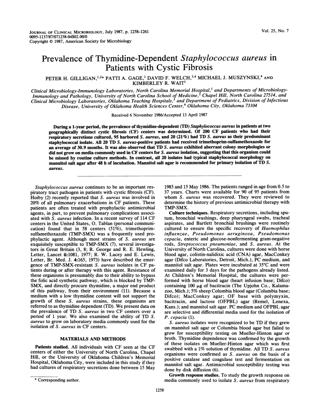 Prevalence of Thymidine-Dependent Staphylococcus Aureus in Patients with Cystic Fibrosis PETER H