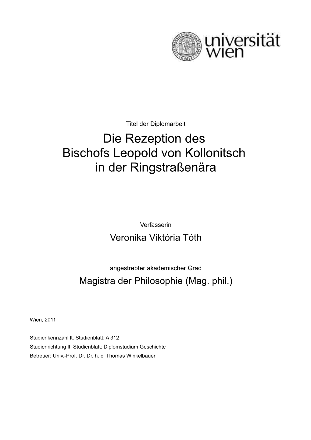 Die Rezeption Des Bischofs Leopold Von Kollonitsch in Der Ringstraßenära