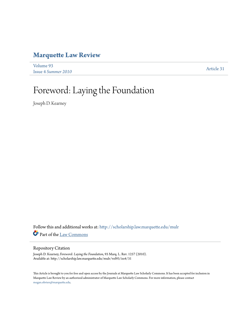 Foreword: Laying the Foundation Joseph D