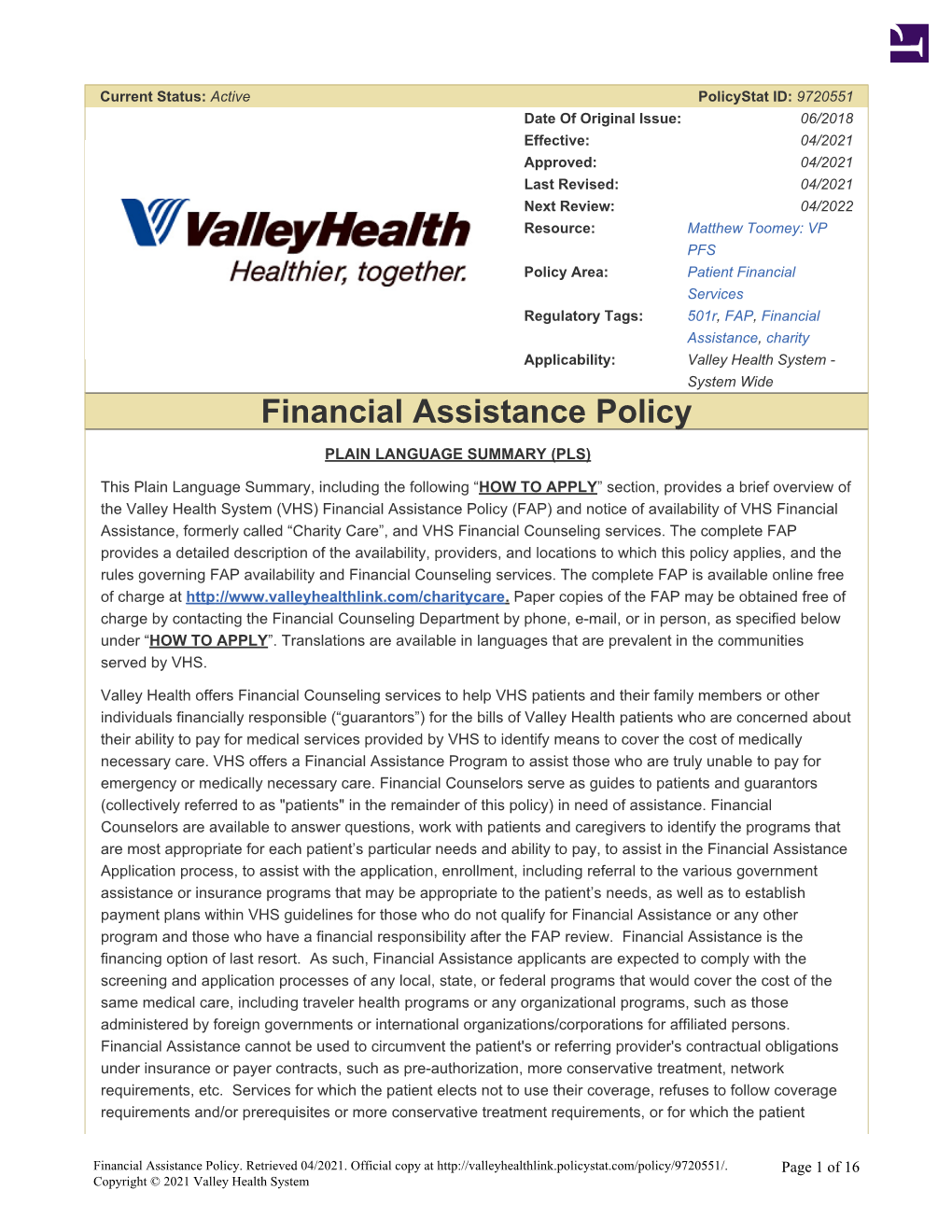 Financial Assistance Policy