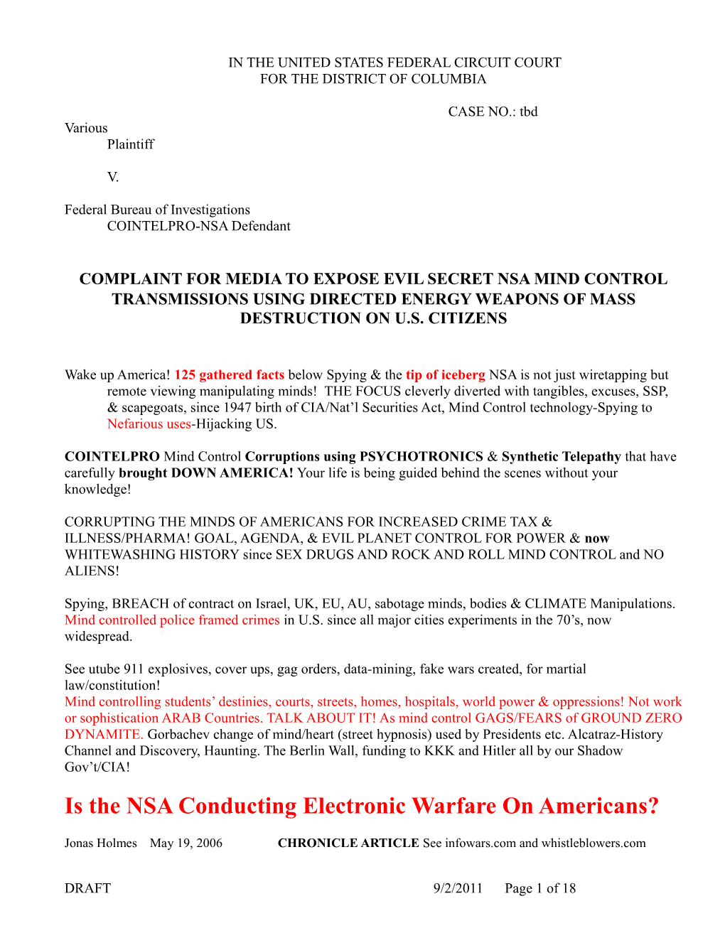 Complaint for Media to Expose Evil Secret of NSA