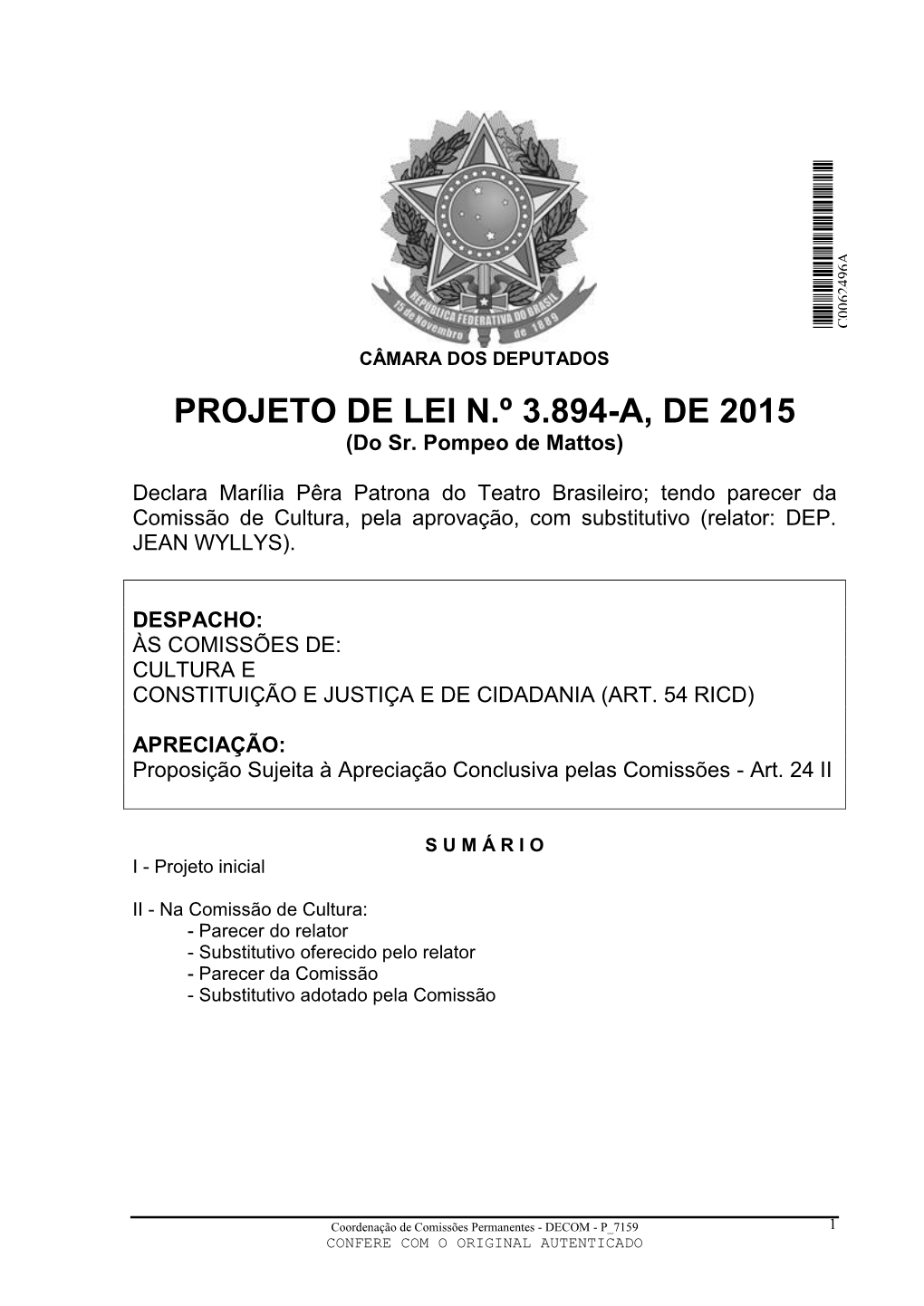 PROJETO DE LEI N.º 3.894-A, DE 2015 (Do Sr