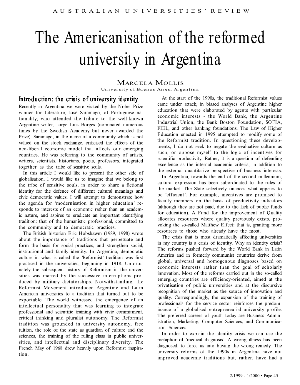 The Americanisation of the Reformed University in Argentina