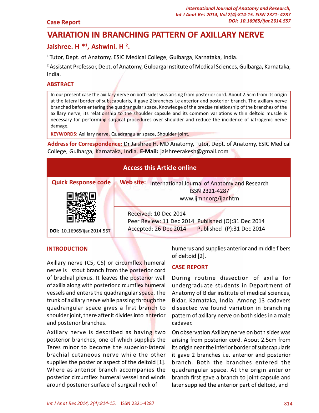 VARIATION in BRANCHING PATTERN of AXILLARY NERVE Jaishree