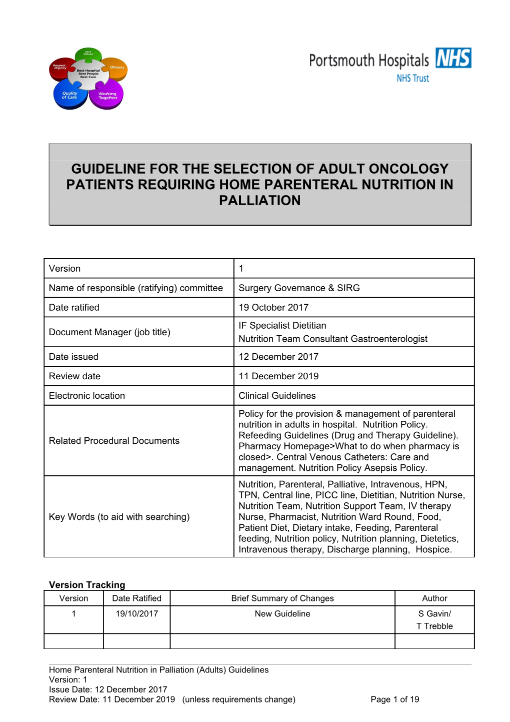 Guideline for the Selection of Adult Oncology Patients Requiring Home Parenteral Nutrition