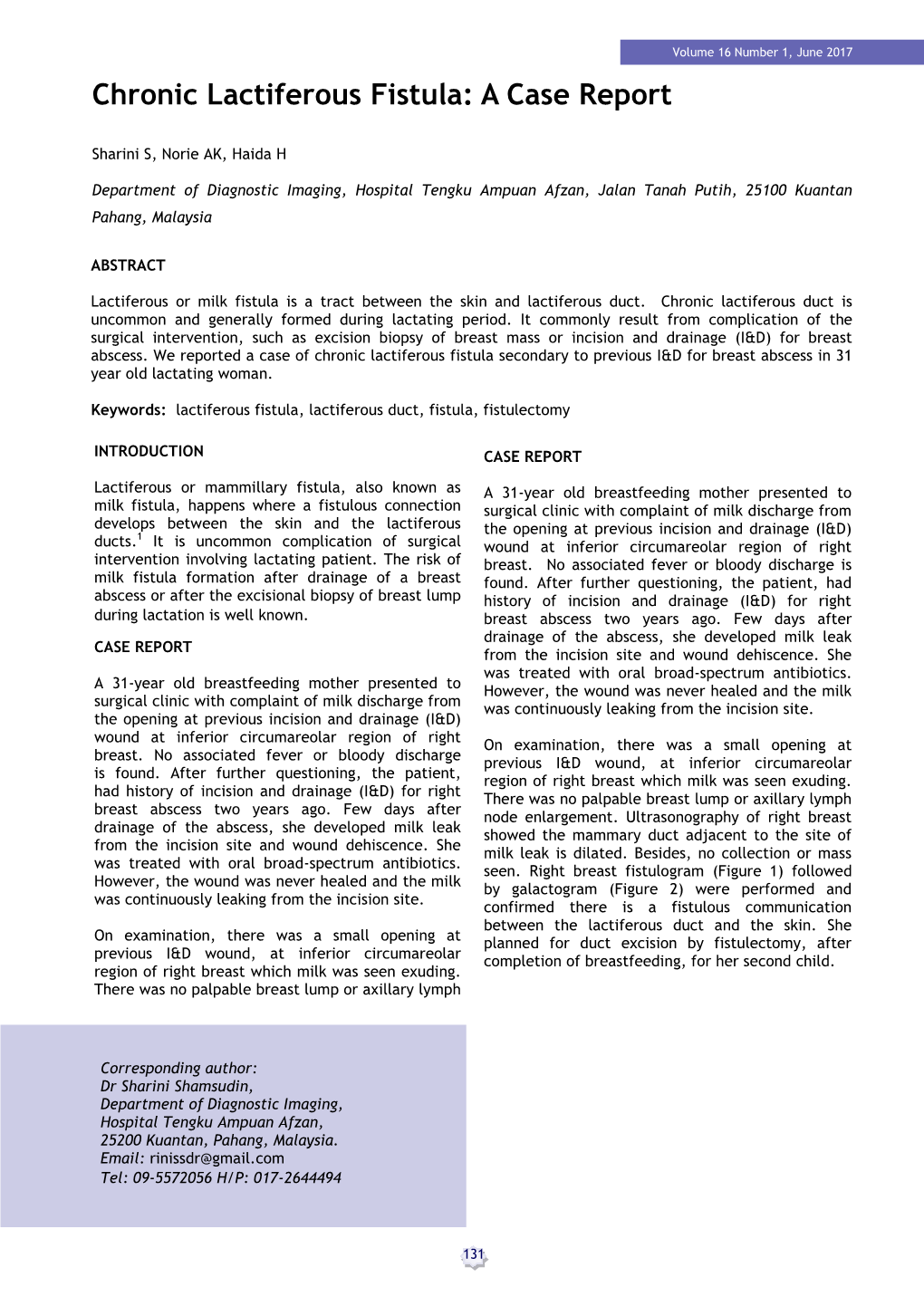 Chronic Lactiferous Fistula: a Case Report