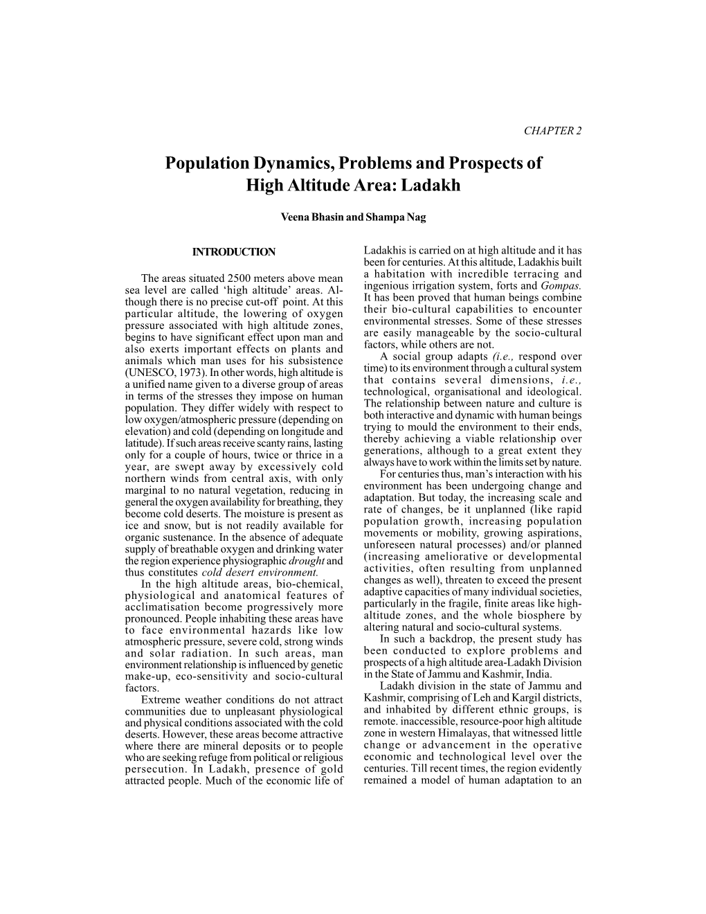 Population Dynamics, Problems and Prospects of High Altitude Area: Ladakh