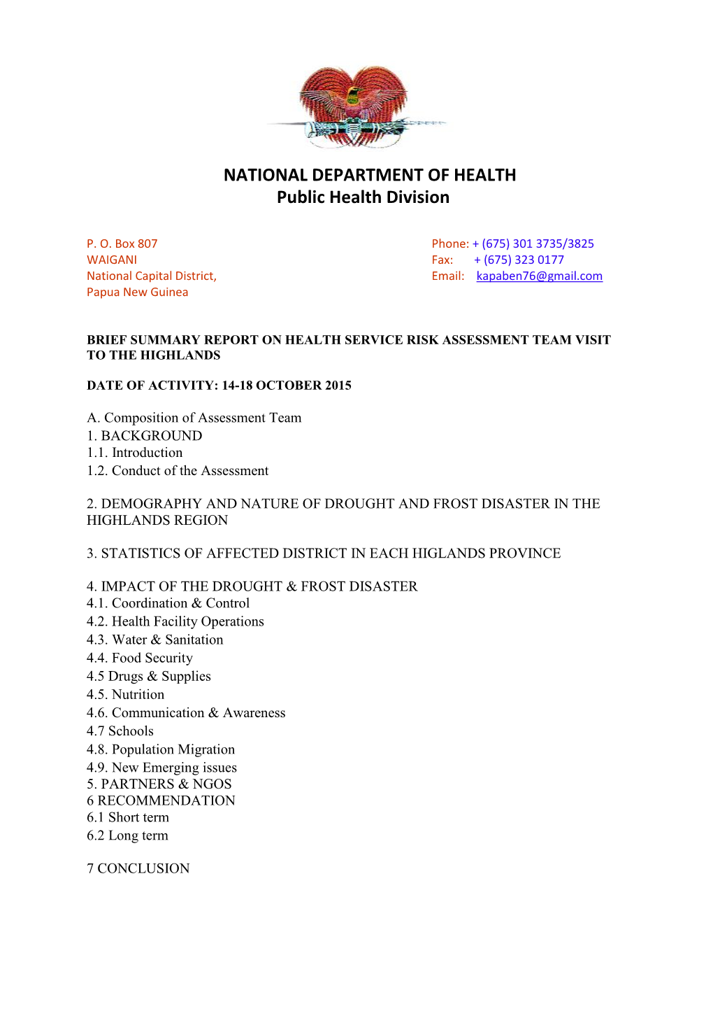 NATIONAL DEPARTMENT of HEALTH Public Health Division