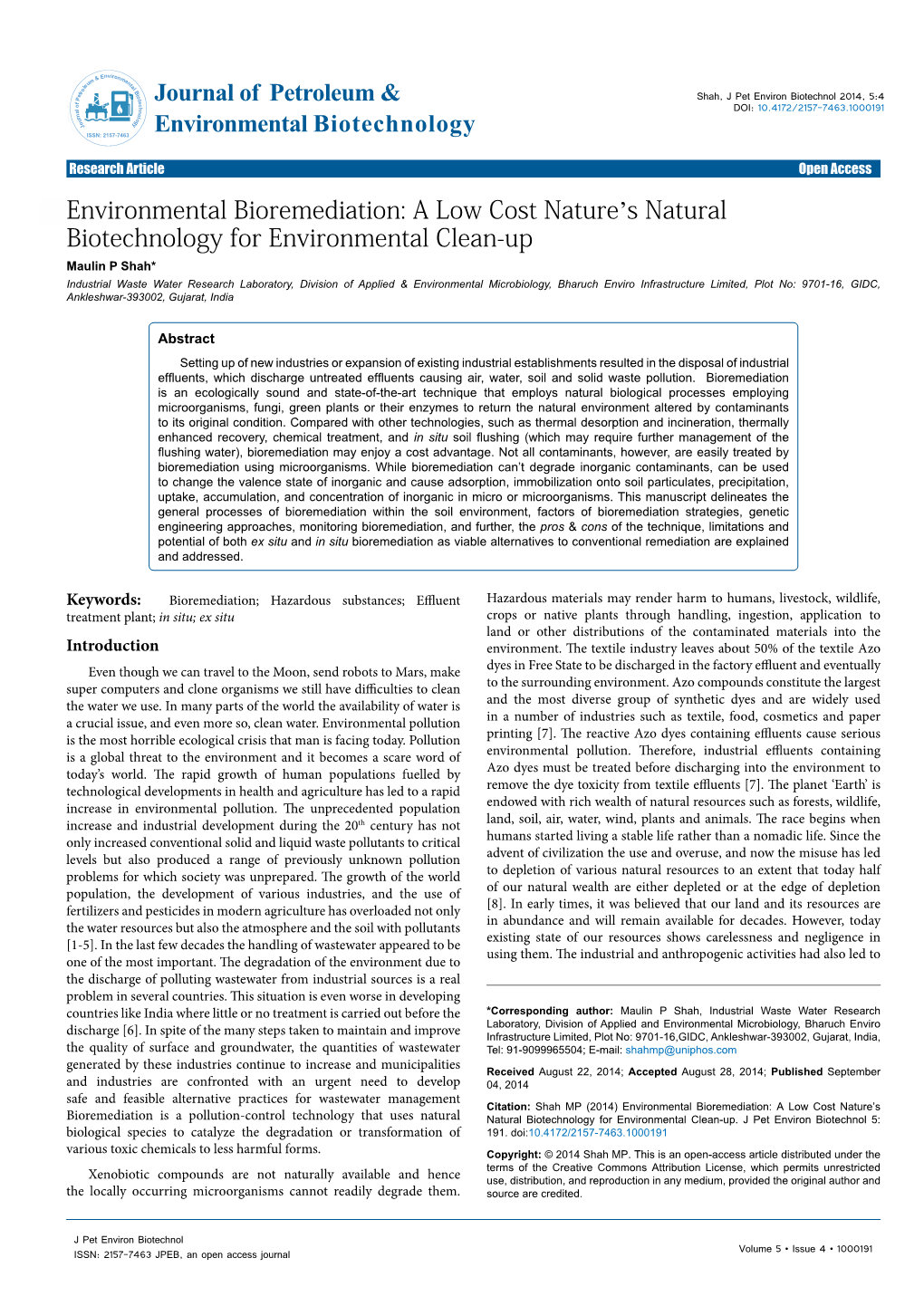 Environmental Bioremediation: a Low Cost Nature's Natural