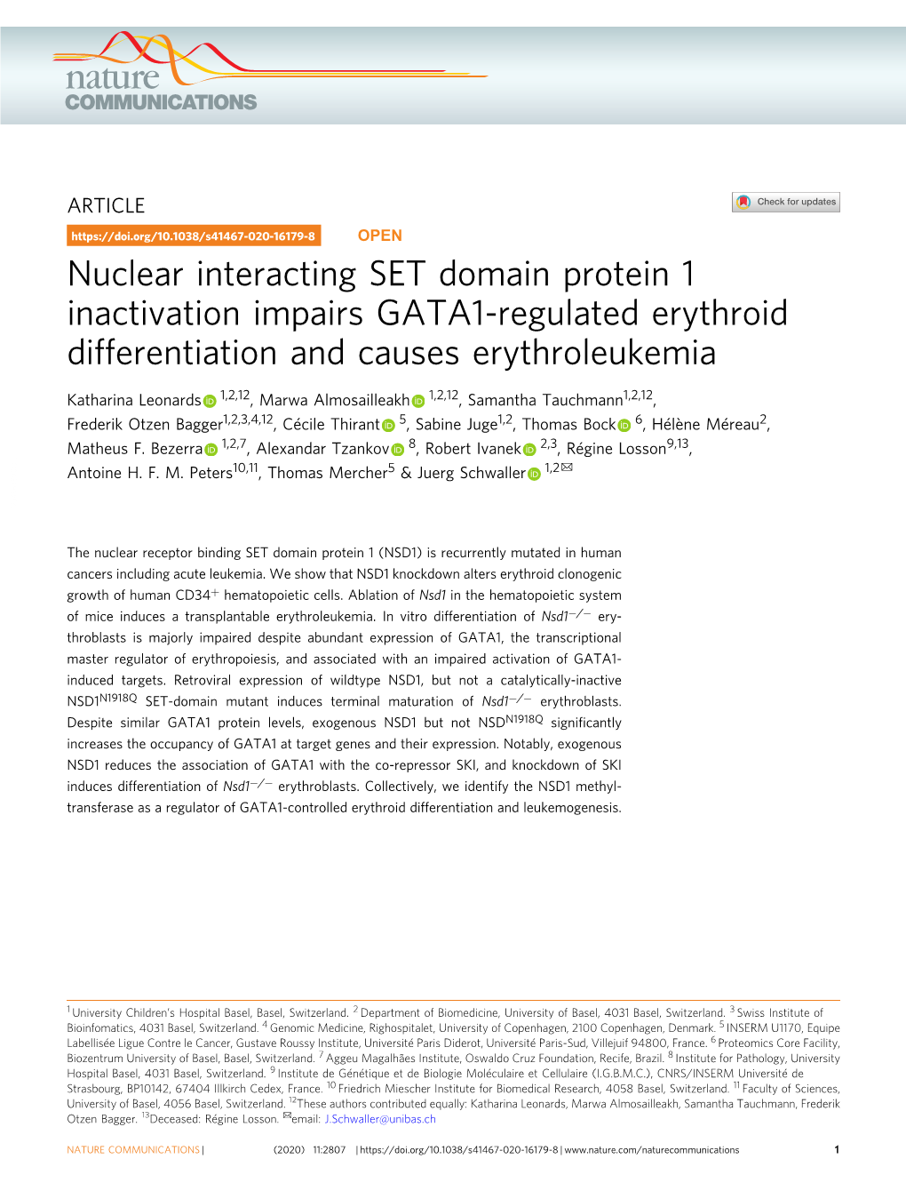 Nuclear Interacting SET Domain Protein 1 Inactivation Impairs GATA1-Regulated Erythroid Differentiation and Causes Erythroleukemia