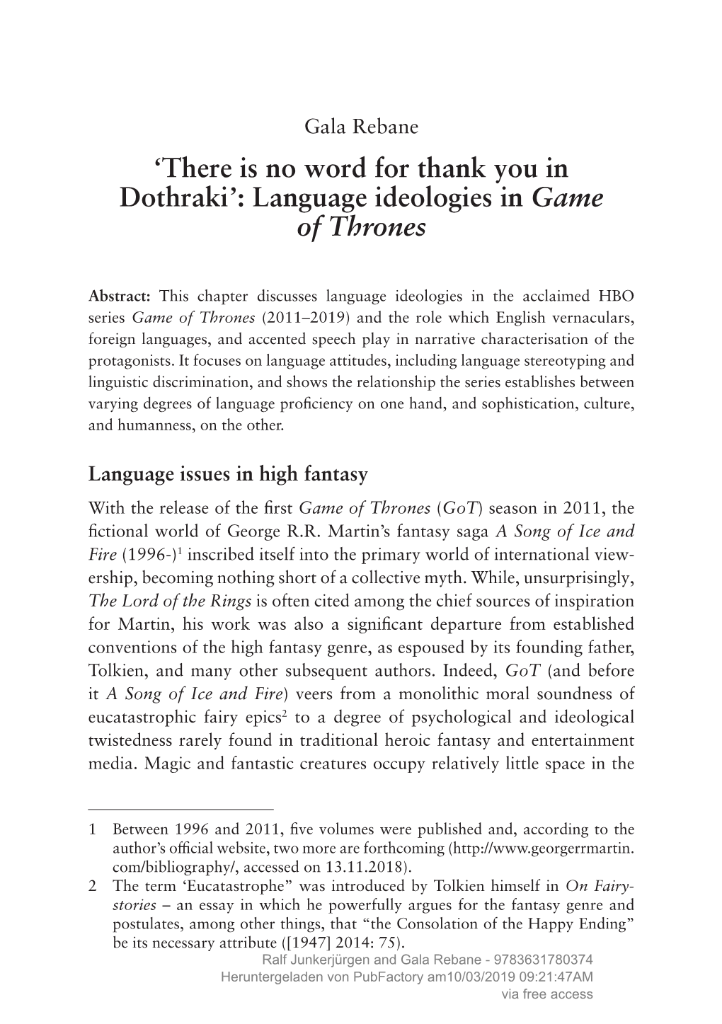 'There Is No Word for Thank You in Dothraki': Language Ideologies In