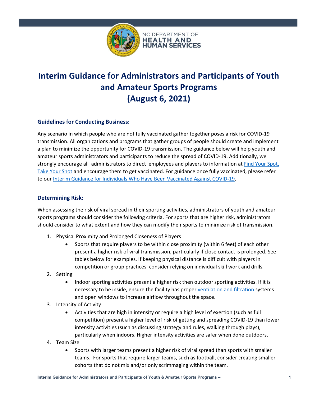 Interim Guidance for Administrators and Participants of Youth and Amateur Sports Programs (August 6, 2021)